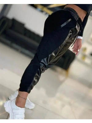 Kadın Yüksek Bel Lastikli Cepli Deri Detaylı Dalgıç Pantolon