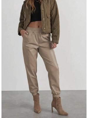 Kadın Yüksek Bel Lastikli önü Düğmeli Deri Pantolon