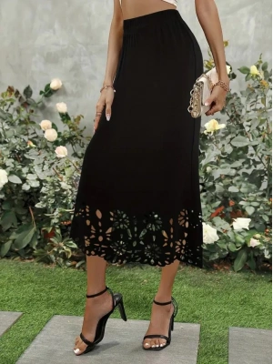 Kadın Yüksek Bel Lazer Kesim Detaylı Midi Ithal Krep Etek