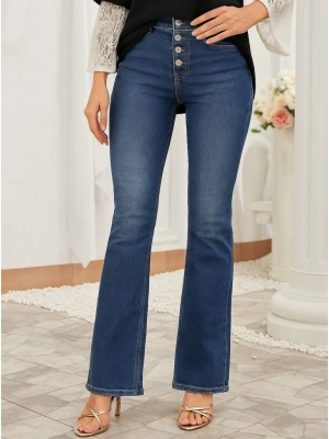 Kadın Yüksek Bel önden Düğmeli Cep Detay Ispanyol Paça Denim Pantolon