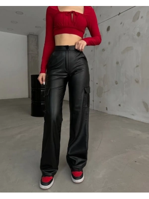 Kadın Yüksek Bel önden Fermuarlı Yandan Cep Detaylı Deri Kargo Pantolon