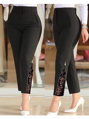 Kadın Yüksek Bel önden Nervürlü Ve Fermuarlı Yandan Dantelli Ithal Krep Pantolon