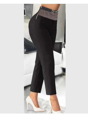 Kadın Yüksek Bel önden Taşlı Ve Tokalı Ithal Krep Pantolon