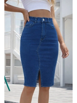 Kadın Yüksek Bel önden Yırtmaçlı Kısa Kot Etek