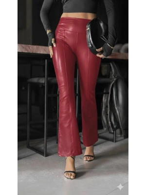 Kadın Yüksek Bel Paçaya Doğru Geniş Deri Pantolon