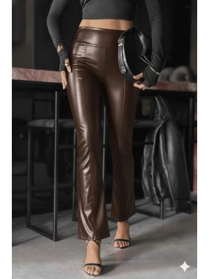 Kadın Yüksek Bel Paçaya Doğru Geniş Deri Pantolon