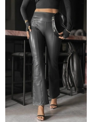 Kadın Yüksek Bel Paçaya Doğru Geniş Deri Pantolon