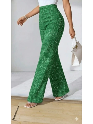 Kadın Yüksek Bel Paçaya Doğru Geniş Dokuma Pantolon