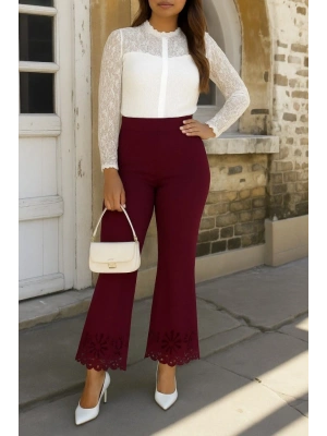 Kadın Yüksek Bel Paçaya Doğru Genişleyen Lazer çiçek Kesim Detaylı Ithal Krep Pantolon