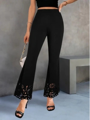 Kadın Yüksek Bel Paçaya Doğru Genişleyen Lazer çiçek Kesim Detaylı Ithal Krep Pantolon