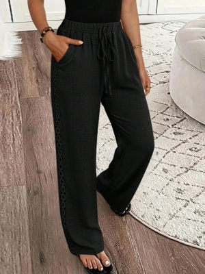 Kadın Yüksek Bel Süs Bağcıklı Yandan Dantel Detay Uzun Pantolon