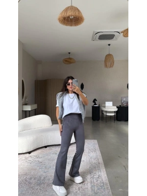 Kadın Yüksek Bel üet Kumaş Ispanyol Paça Detay Pantolon