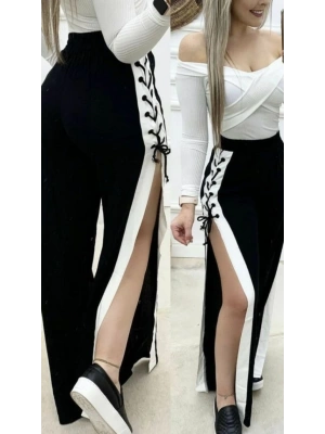 Kadın Yüksek Bel Yandan çapraz Bağcıklı Yırtmaçlı Viskon Iki Iplik Pantolon