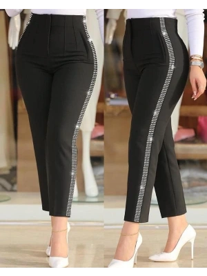 Kadın Yüksek Bel Yanlardan Taş Detaylı Ithal Krep Pantolon