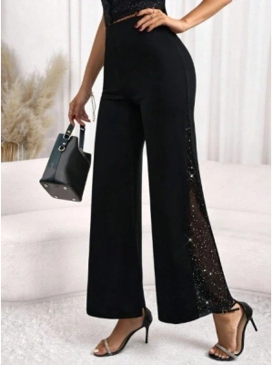 Kadın Yüksek Bel Yanlardan Tül Detaylı Ithal Krep Pantolon