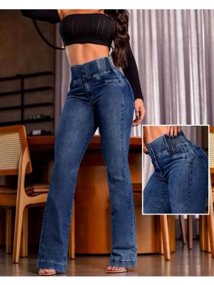 Kadın Yüksek Bel Yanları Lastik önü Düğmeli Kot Pantolon