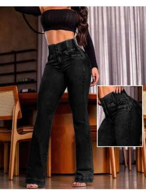 Kadın Yüksek Bel Yanları Lastik önü Düğmeli Kot Pantolon