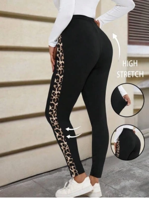 Kadın Yüksek Bel Yanları Leopar şerit Detay Dalgıç Tayt