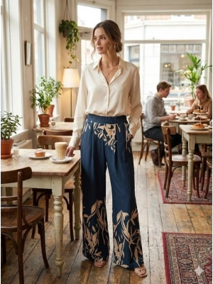 Kadın Yüksek Bel Yaprak Desenli Salaş Pantolon