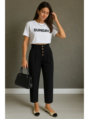 Kadın Yüksek Belli önden Düğmeli Ithal Keten Pantolon