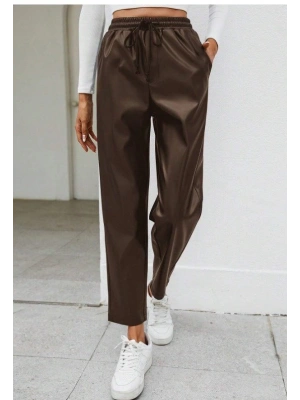 Kadın Yüksel Bel Bağcıklı Deri Pantolon