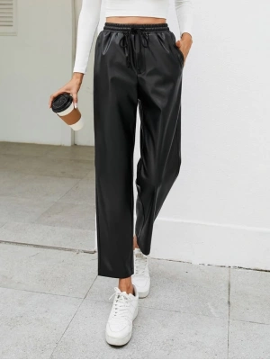 Kadın Yüksel Bel Bağcıklı Deri Pantolon