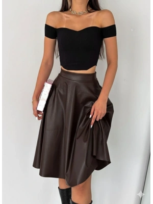 Kadın Yüksel Bel Deri Kloş Etek