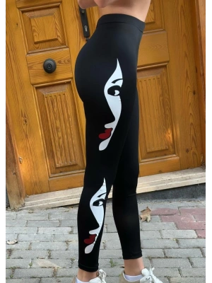 Kadın Yüz Baskılı Dalgıç Kumaş Tayt