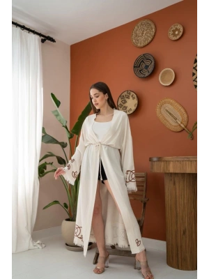 Kahverengi Baskı Detay Keten Hırka