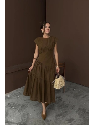 Kahverengi Büzgü Detaylı Keten Elbise