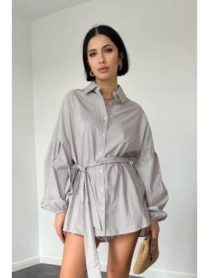 Kahverengi Çizgili Poplin Kuşaklı Gömlek