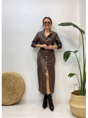 Kahverengi Kemerli Deri Elbise
