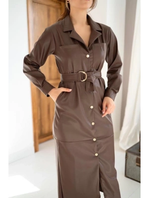 Kahverengi Kemerli Deri Elbise