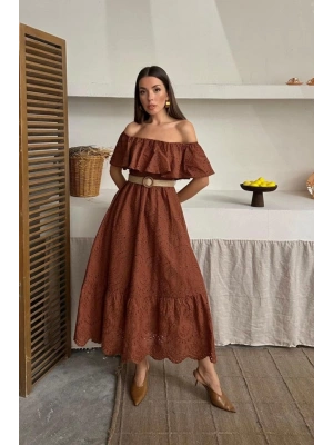 Kahverengi Omzu Lastikli Brode Elbise