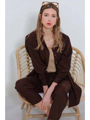 Kahverengi Oversize Keten Alt Üst Takım 6622