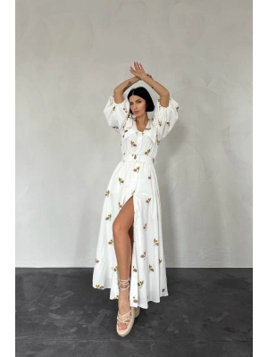 Kahverengi Yakası Çiçek Motifli Kemerli Elbise