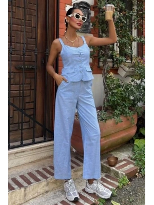 Kalın Askılı Bluz Pantolon Keten Takım 10187