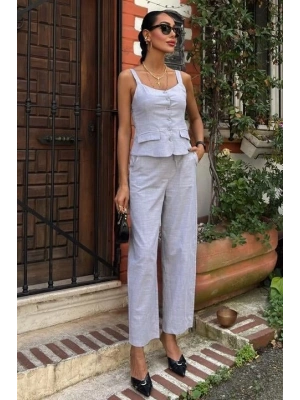 Kalın Askılı Bluz Pantolon Keten Takım 10187