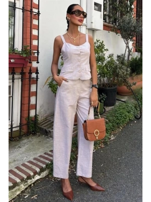 Kalın Askılı Bluz Pantolon Keten Takım 10187