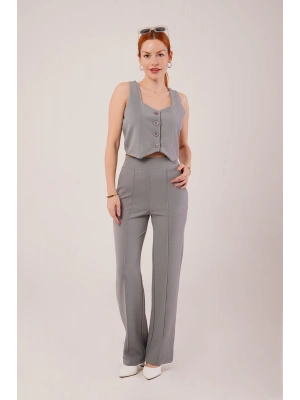 Kalın Askılı Düğmeli Yelek Ve Pantolon Gri Takım