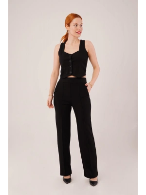 Kalın Askılı Düğmeli Yelek Ve Pantolon Siyah Takım