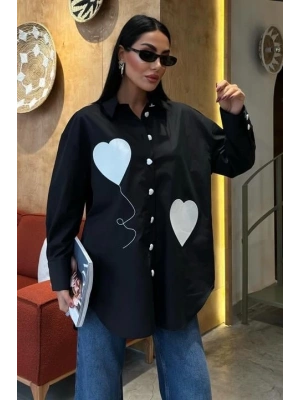 Kalp Nakışlı Ve Düğme Detaylı Oversize Gömlek 3430