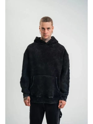 Kapşonlu Double Oversize Yıkamalı Evalı Nakışlı weathirt  iyah