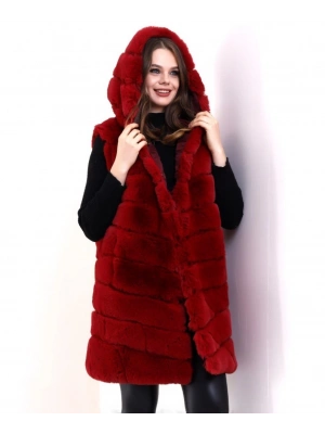 Kapşonlu Peluş Kürk Yelek Premium Kalite, Tam Astarlı, Uzun odel  Kırmızı