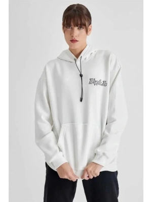 Kapüşonlu ırt Baskılı Üç İplik Oversize weatshirt  Beyaz