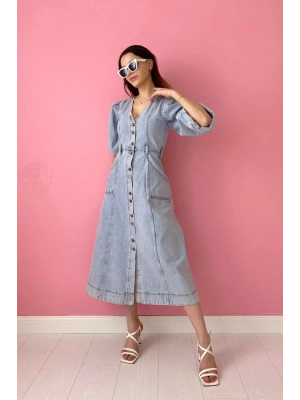 Kar Yıkama Balon Kol Kot Elbise