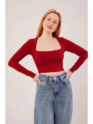 Kare Yaka Basic Bordo Bluz