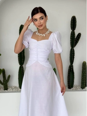 Kare Yaka Düğmeli Elbise