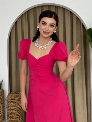 Kare Yaka Düğmeli Elbise