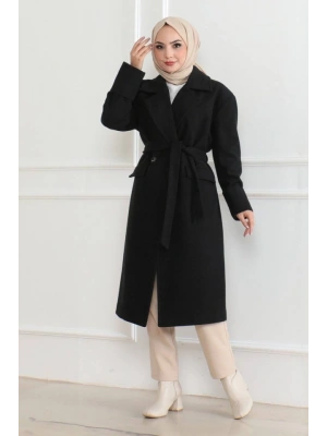 Kaşe Kaban – Uzun Boy Kruvaze Yaka, Kuşaklı Tesettür Kışlık Kaban, Astarlı Şık Yünlü Dokuma Oversize Rahat Kalıp, Cepli Modern Kaşe Mont Modeli  iyah